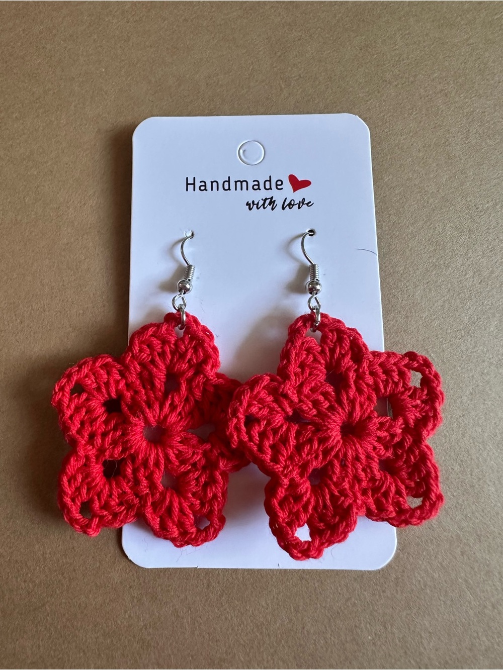Handmade Red Crochet Flower Earrings - Handmade with Love